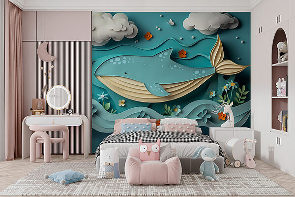 Paper cut whale in the ocean