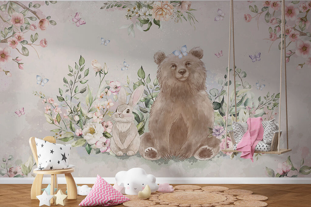 Bear and rabbit with flowers