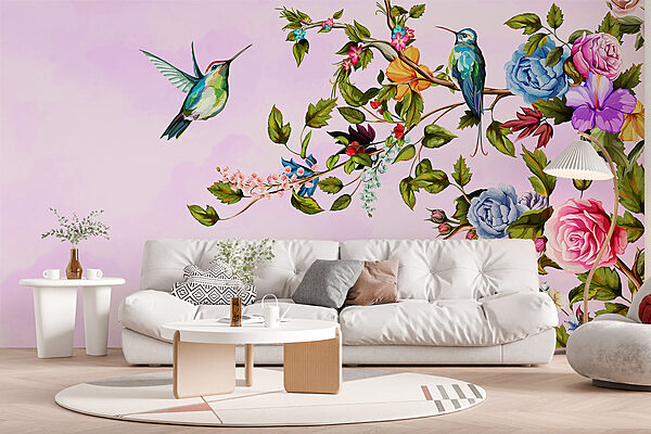 Painting of birds on a branch with flowers Painting of birds on a branch with flowers