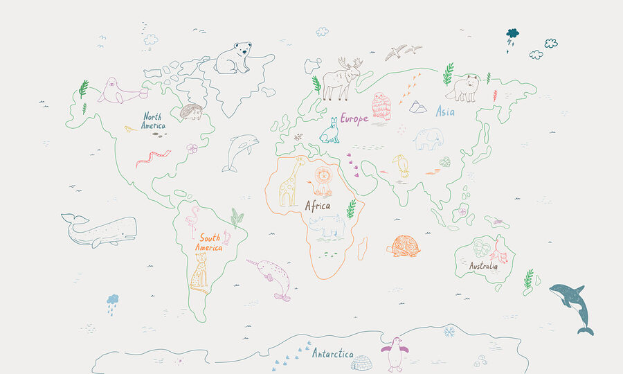 Map of the world with animals and text