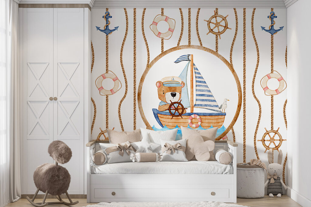 Watercolor painting of a bear on a boat Watercolor painting of a bear on a boat