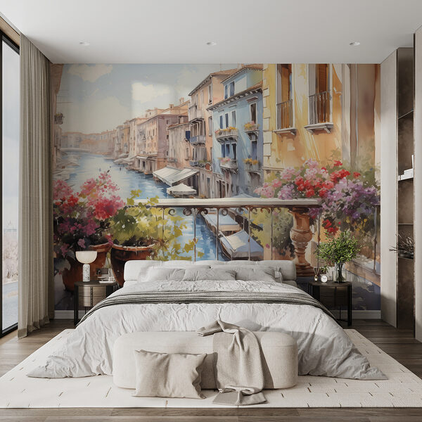 Watercolor painting of a river with a row of buildings and flowers on a balcony Watercolor painting of a river with a row of buildings and flowers on a balcony