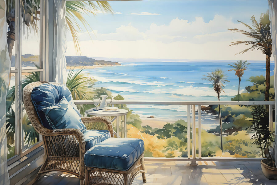 Watercolor painting of a chair and a table on a balcony overlooking a beach