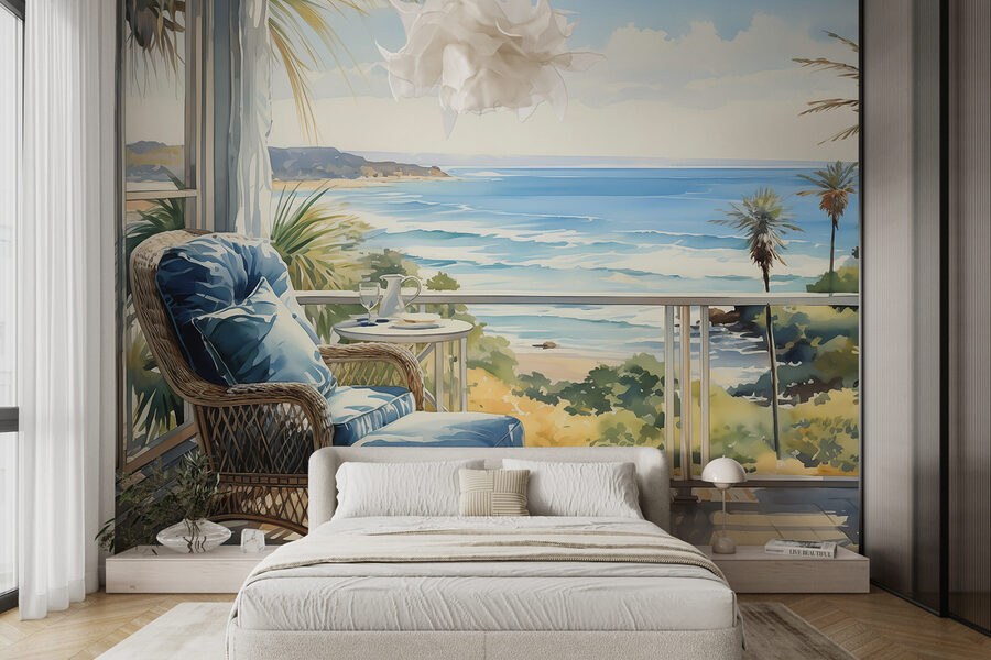 Watercolor painting of a chair and a table on a balcony overlooking a beach