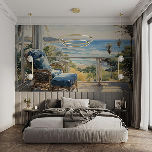 Watercolor painting of a chair and a table on a balcony overlooking a beach Watercolor painting of a chair and a table on a balcony overlooking a beach