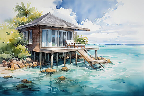 Watercolor painting of a house on stilts Watercolor painting of a house on stilts