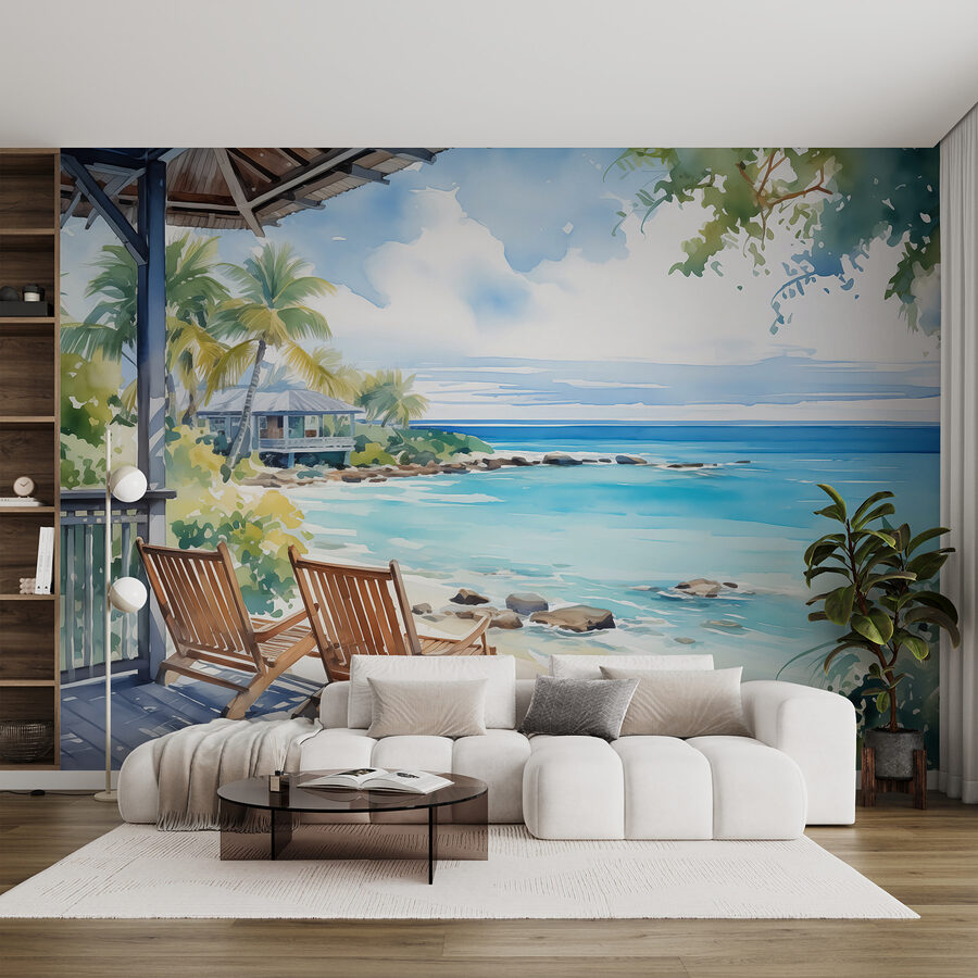 Watercolor painting of chairs on a deck overlooking a beach Watercolor painting of chairs on a deck overlooking a beach