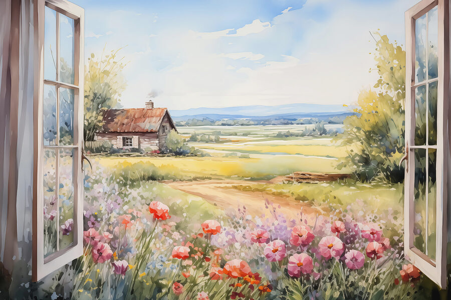 Painting of a house and flowers