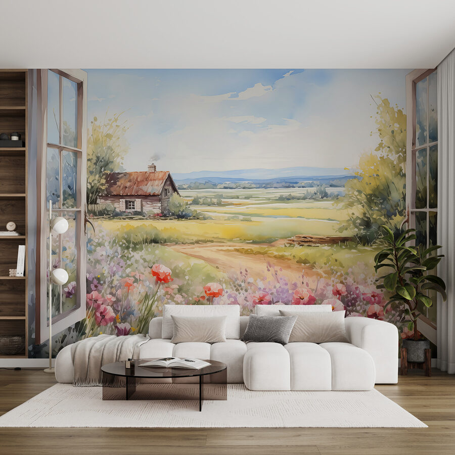 Painting of a house and flowers