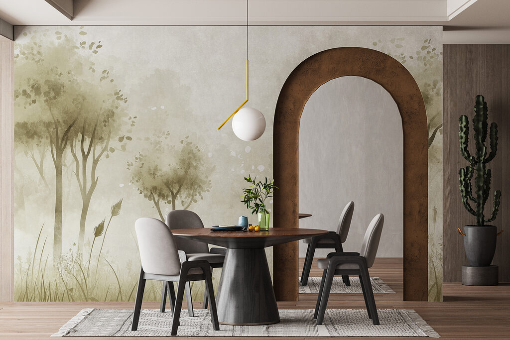 Foggy landscape with trees and grass Foggy landscape with trees and grass