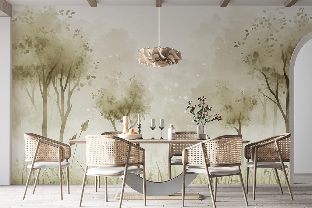 Foggy landscape with trees and grass Foggy landscape with trees and grass