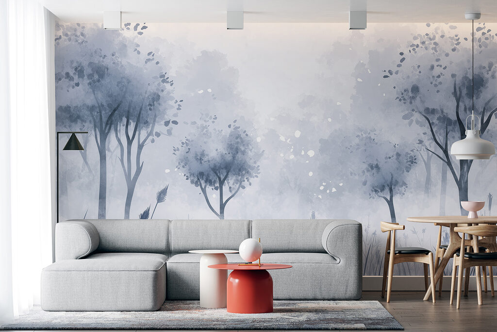 Foggy forest with trees and grass