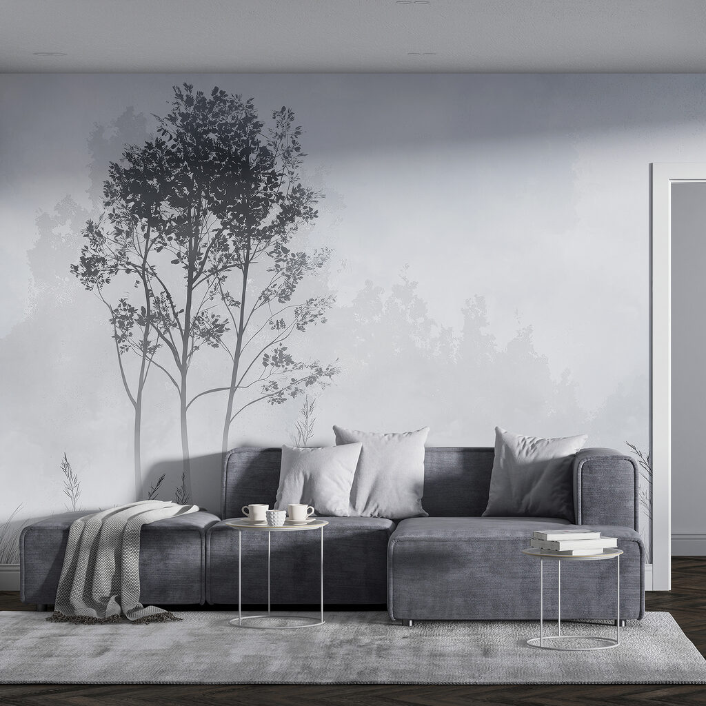 Foggy landscape with trees and grass