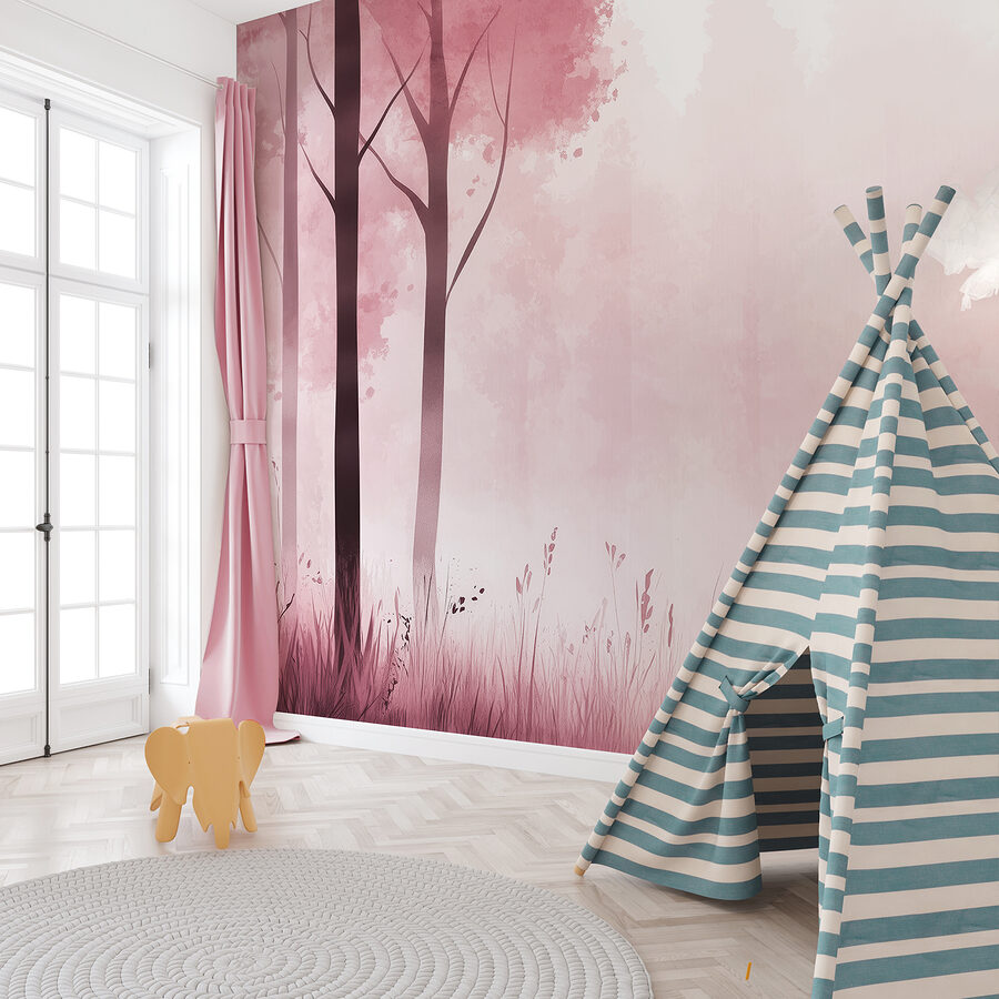 Wall murals Foggy forest with pink trees - Image 2