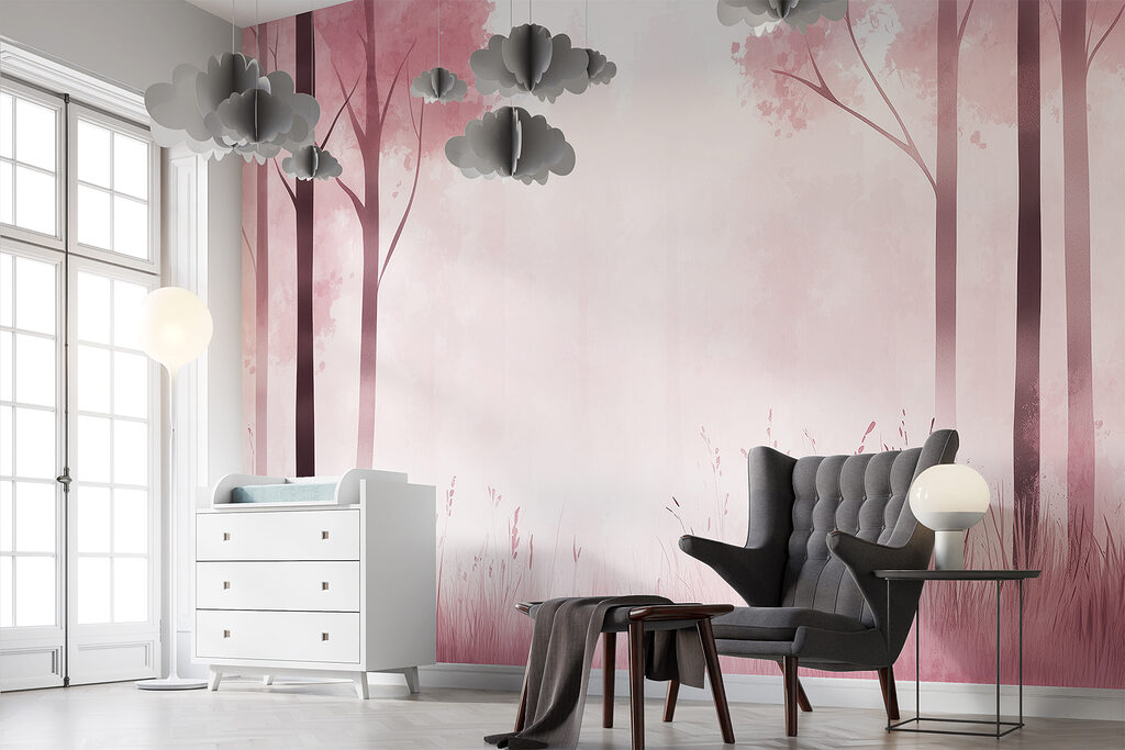 Foggy forest with pink trees