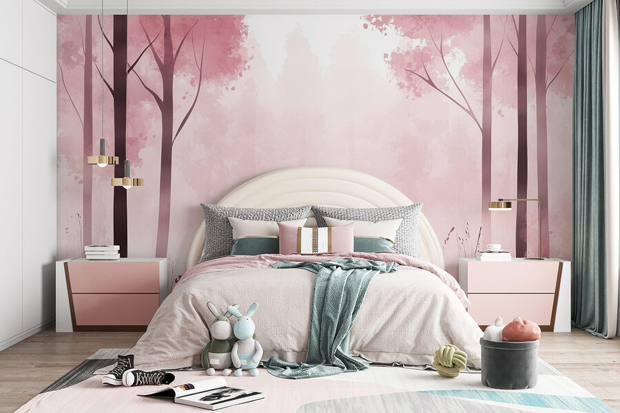 Wall murals Foggy forest with pink trees - Image 4