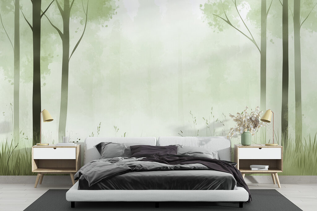 Foggy forest with trees and grass