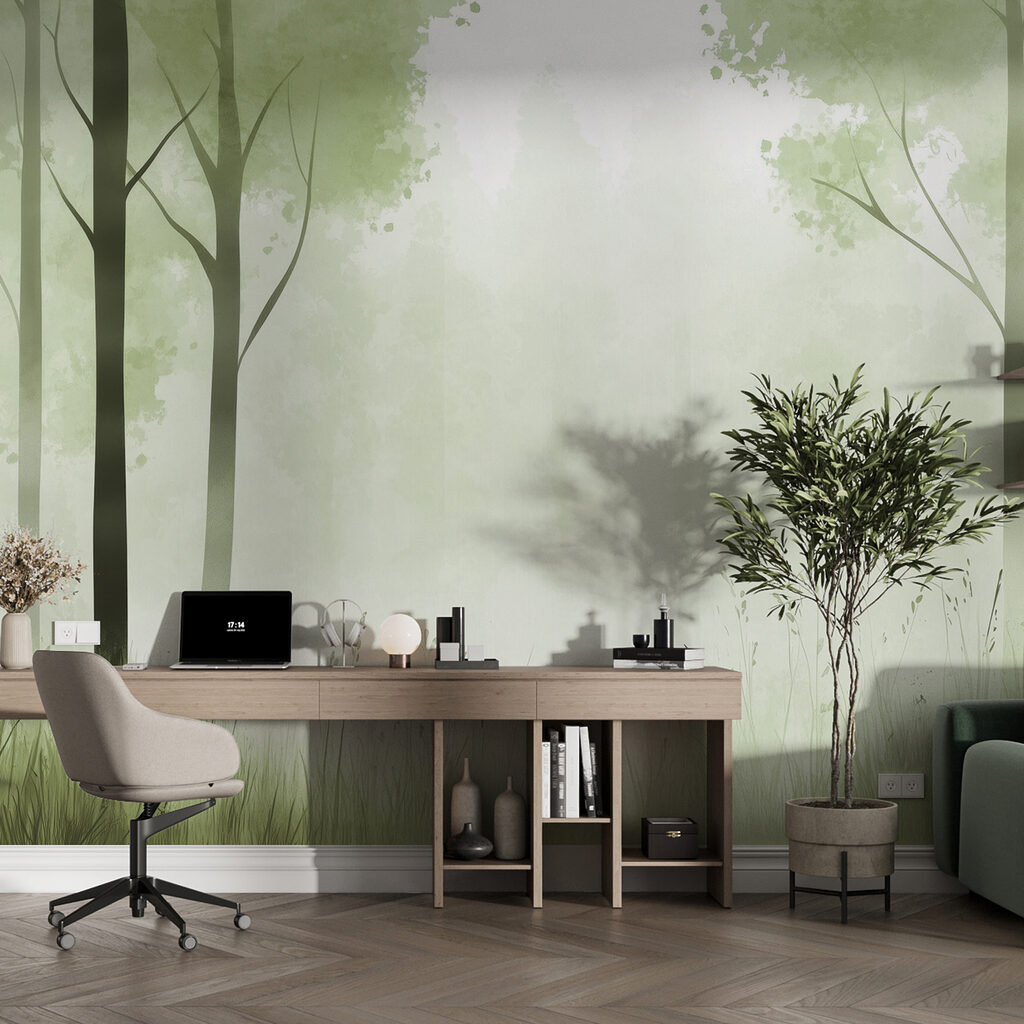 Foggy forest with trees and grass