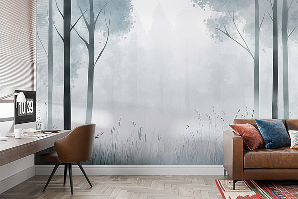 Foggy forest with trees and grass Foggy forest with trees and grass