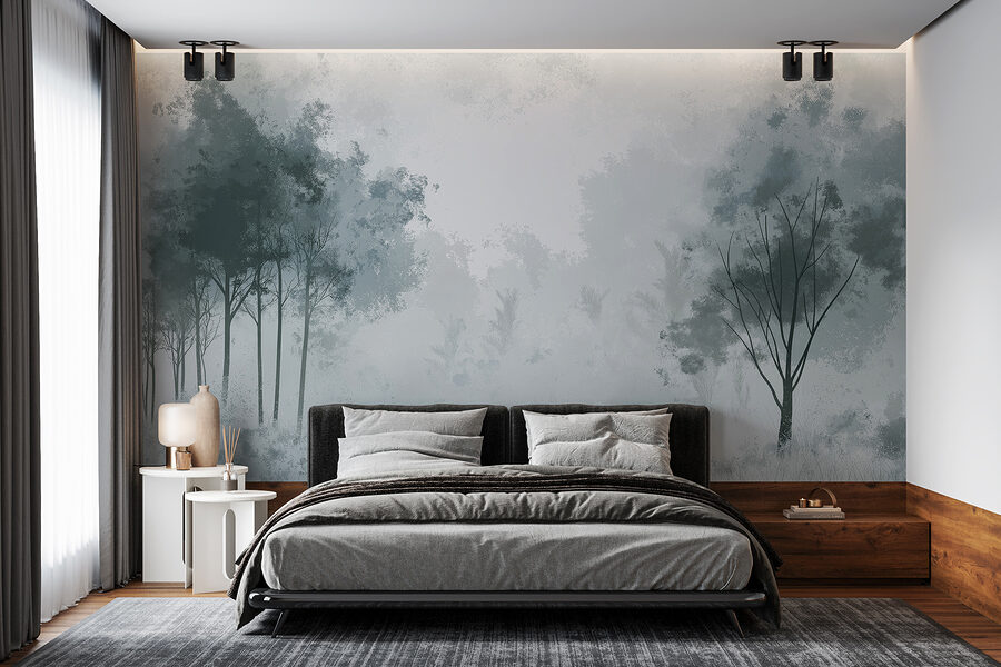 Wall murals Foggy forest with trees