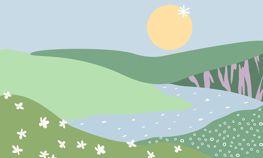 Landscape with a river and flowers