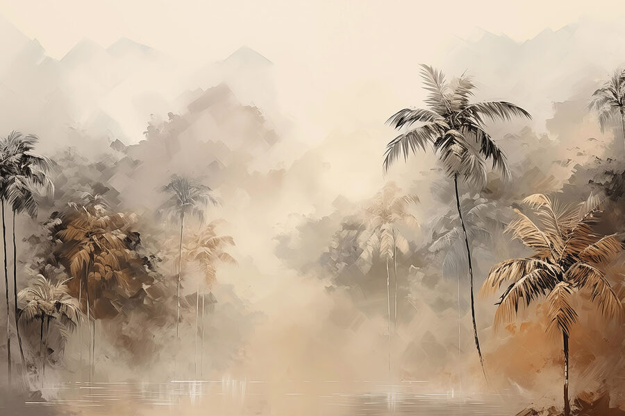 Painting of a forest with trees and fog