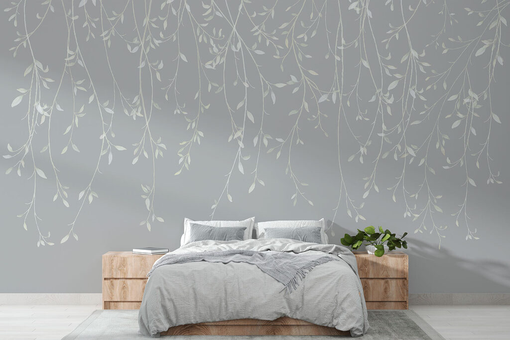 White and gray background with leaves