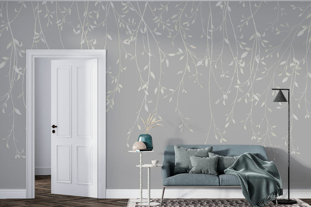 White and gray background with leaves