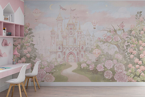 Castle with flowers and hot air balloons