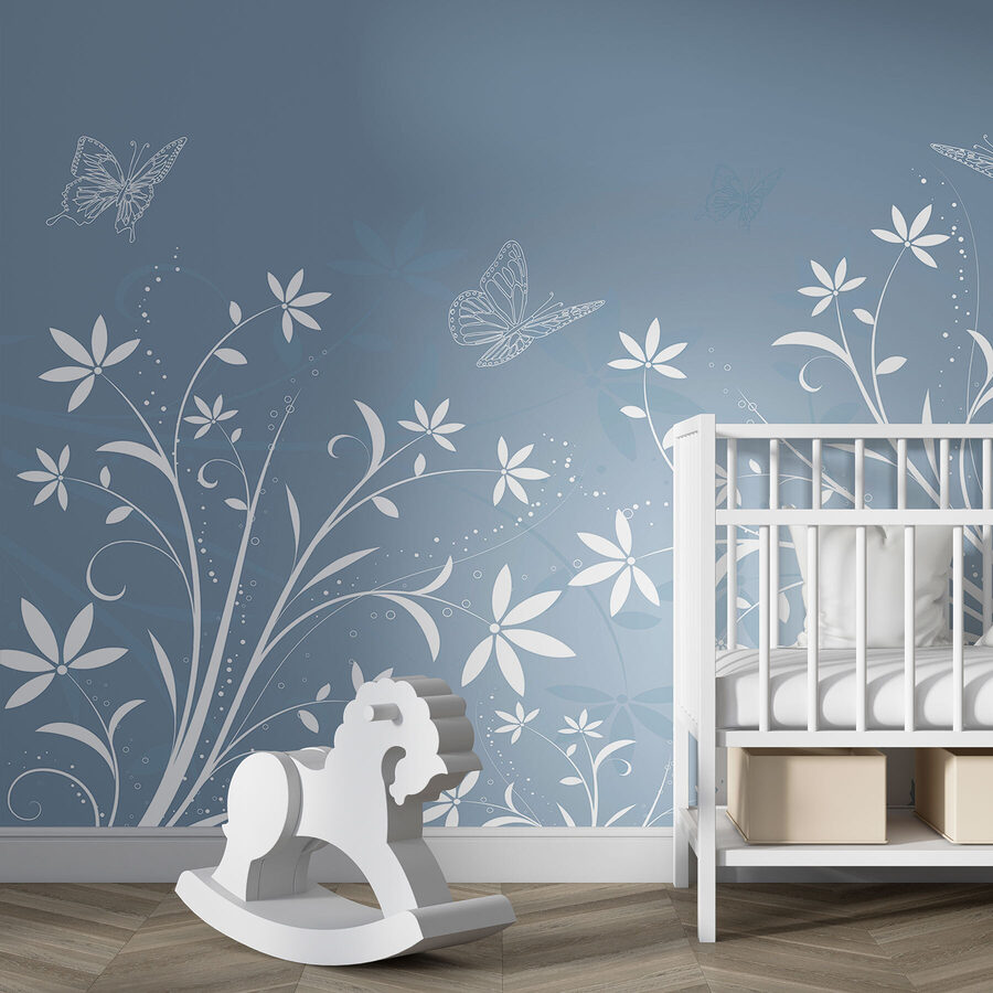 White flowers and butterflies on a blue background White flowers and butterflies on a blue background
