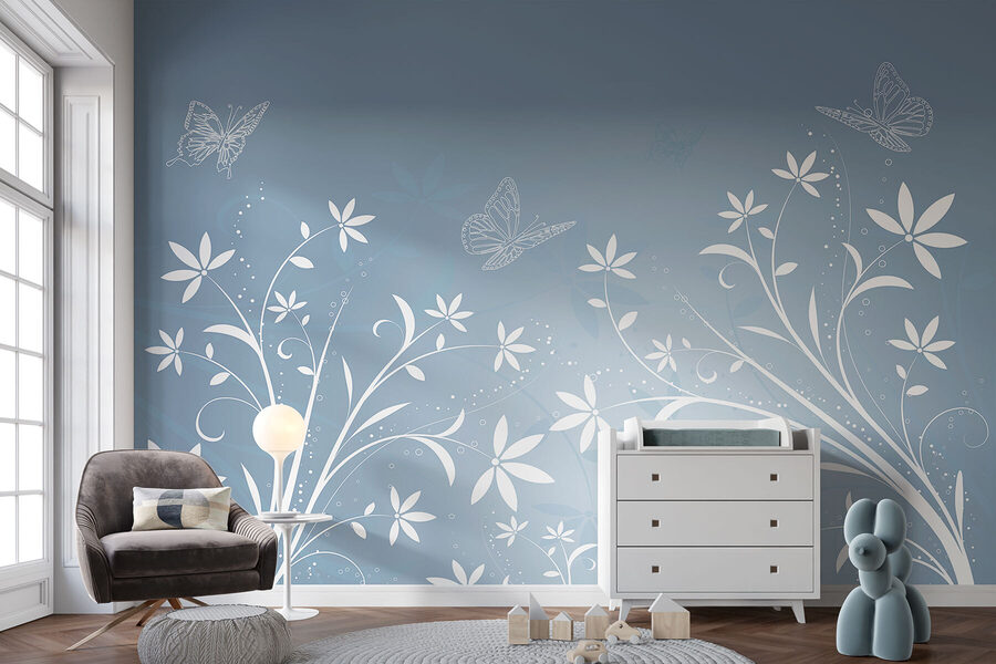 White flowers and butterflies on a blue background White flowers and butterflies on a blue background