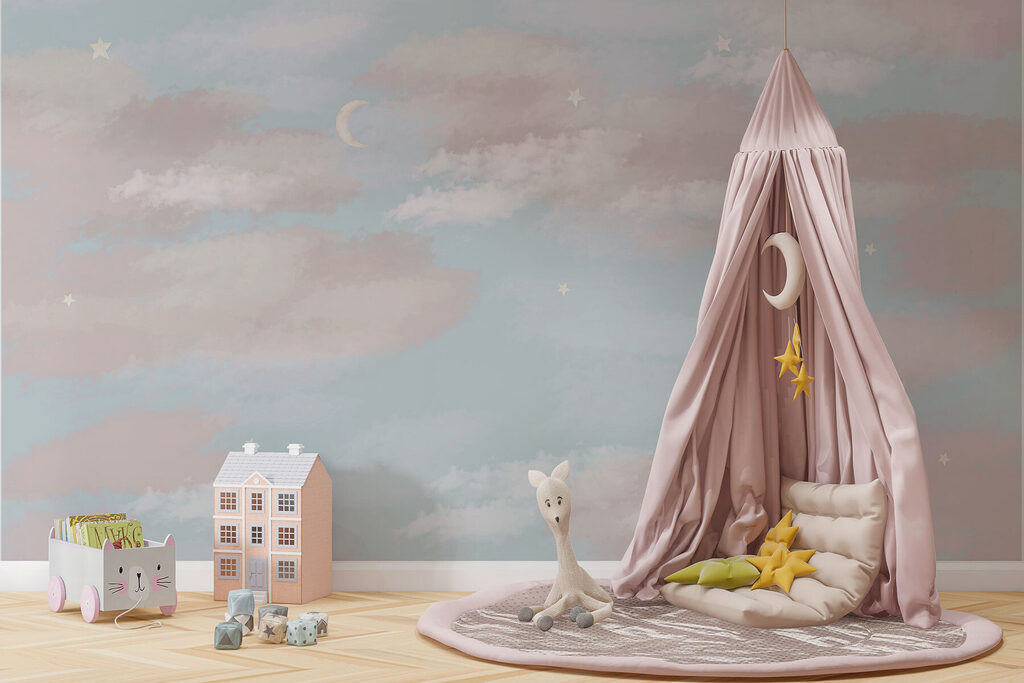 Blue sky with clouds and a crescent moon