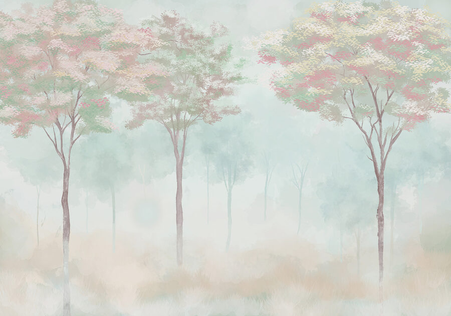 Group of trees in a foggy forest