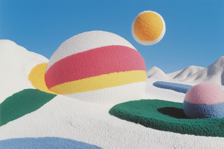 Colorful balls on a pile of white and green carpet