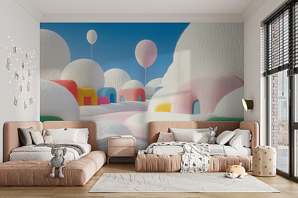 Landscape with balloons and buildings Landscape with balloons and buildings