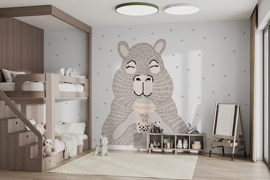 Wall murals Cartoon of a bear holding a bubble tea