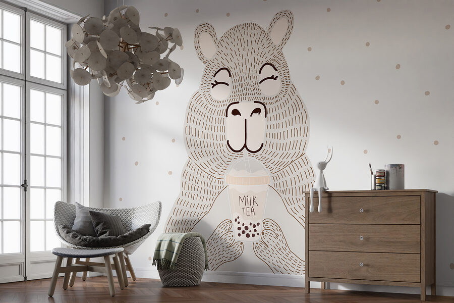 Wall murals Cartoon of a bear holding a bubble tea - Image 2