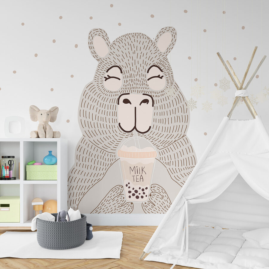 Wall murals Cartoon of a bear holding a bubble tea - Image 3