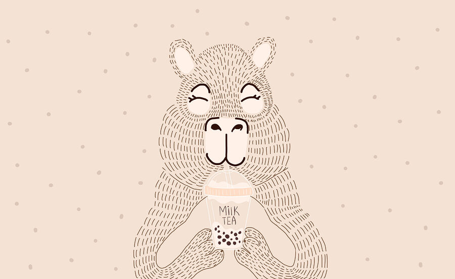 Cartoon of a bear holding a bubble tea