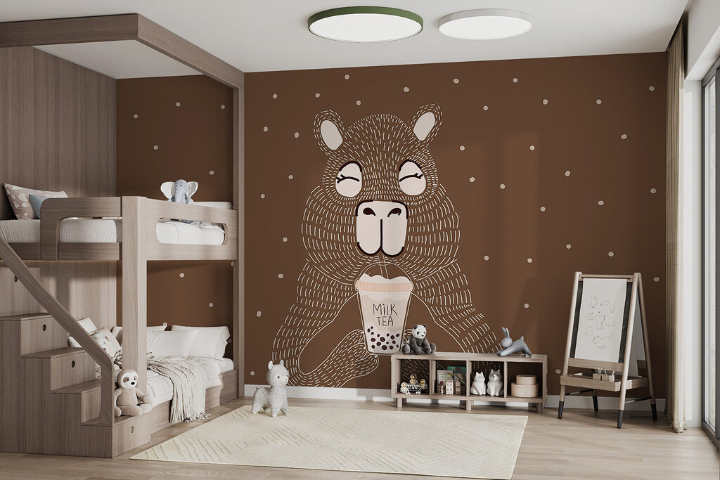 Cartoon animal holding a cup of milk tea