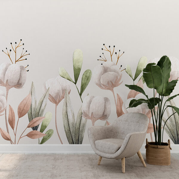 Watercolor cotton flowers and leaves Watercolor cotton flowers and leaves