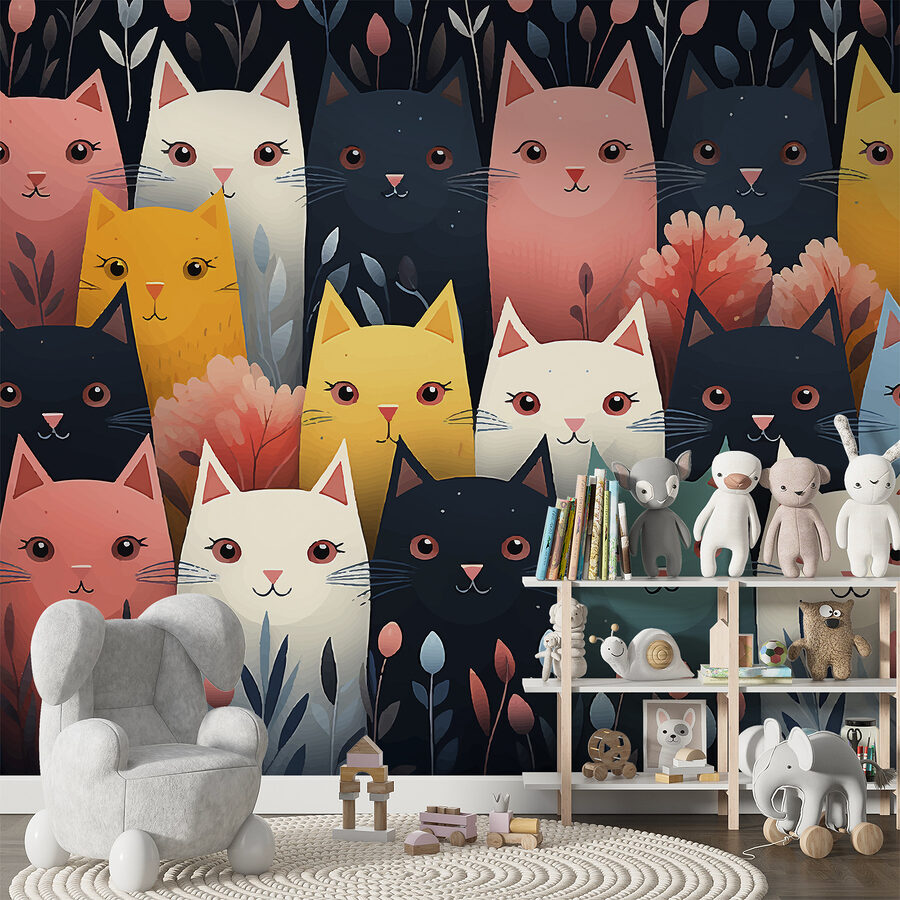 Wall murals Group of cats with flowers