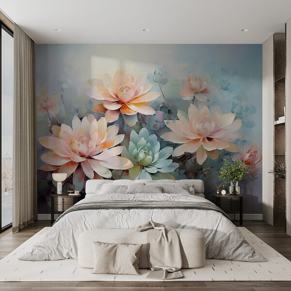 Wall murals Wall murals Group of flowers on a blue background (SKU: w01654)