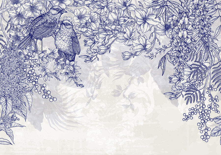Wall murals Blue and white drawing of birds and flowers - Image 7
