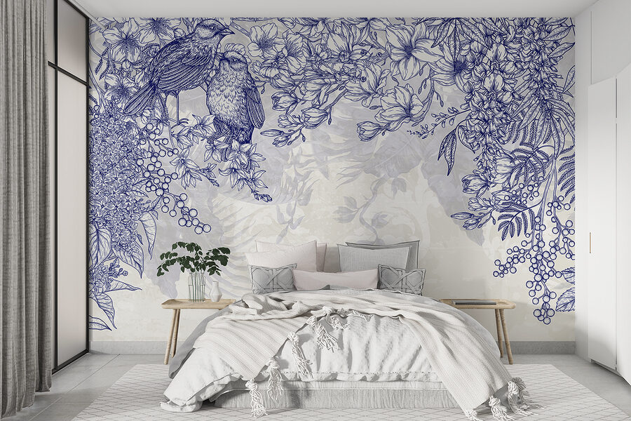 Wall murals Blue and white drawing of birds and flowers