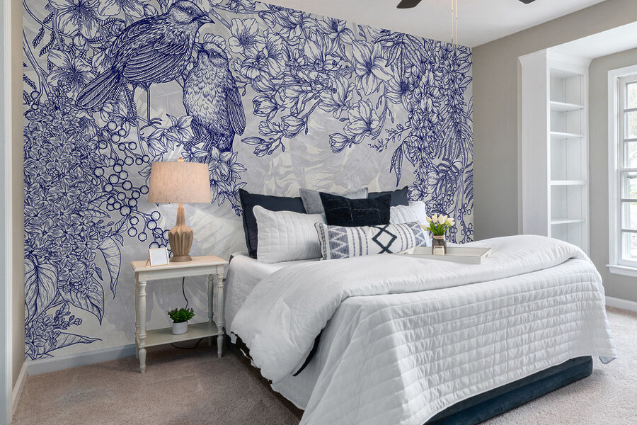 Wall murals Blue and white drawing of birds and flowers - Image 2