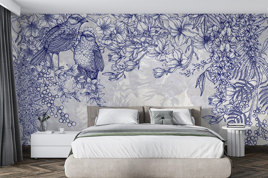 Wall murals Blue and white drawing of birds and flowers - Image 3