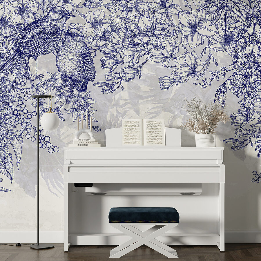Wall murals Blue and white drawing of birds and flowers - Image 4