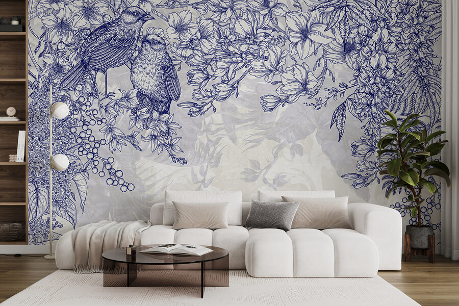 Wall murals Blue and white drawing of birds and flowers - Image 5