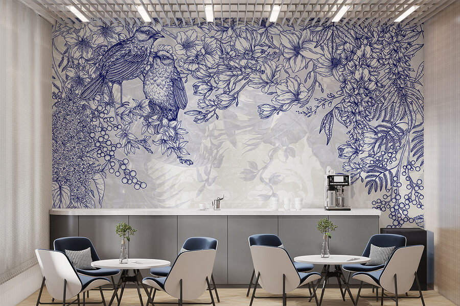 Wall murals Blue and white drawing of birds and flowers - Image 6